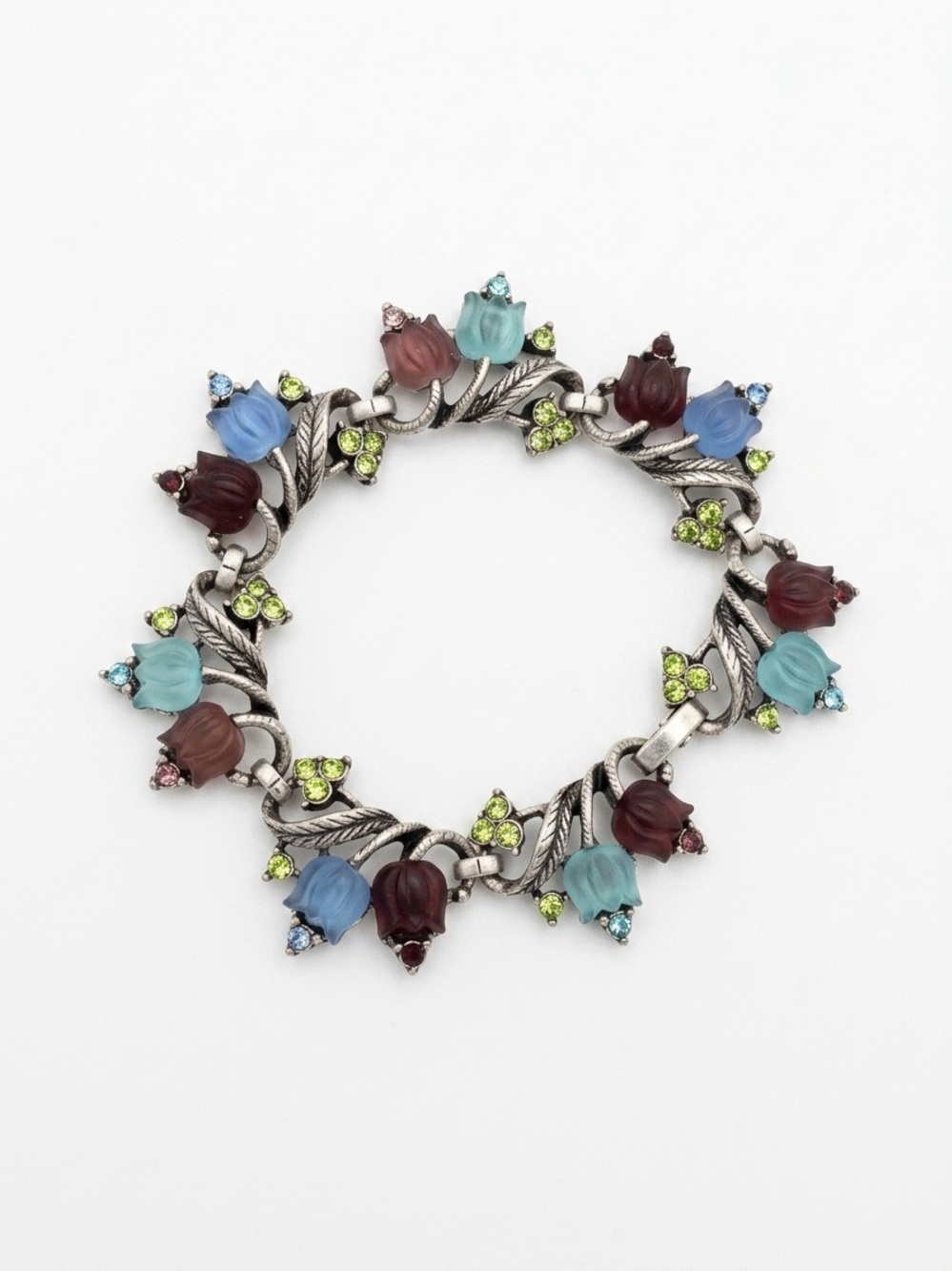 Sweet Romance Molded Glass Tulip Link Bracelet Vintage Style Floral Jewelry